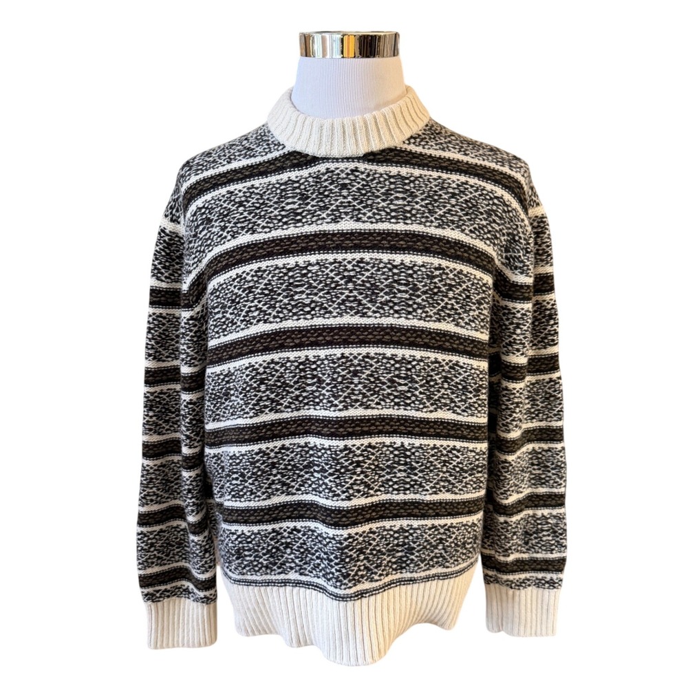 COS Relaxed Wool Sweater Mens XL Cream Black Striped Mock Neck Knit Pullover